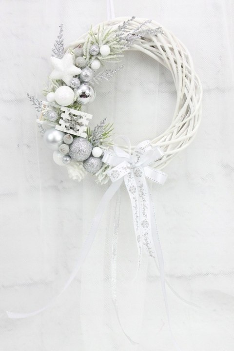 Wianek świąteczny na drzwi ozdoba stroik SREBRNY