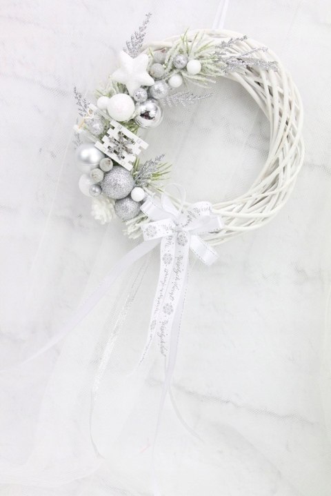 Wianek świąteczny na drzwi ozdoba stroik SREBRNY