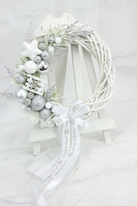 Wianek świąteczny na drzwi ozdoba stroik SREBRNY