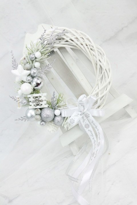 Wianek świąteczny na drzwi ozdoba stroik SREBRNY