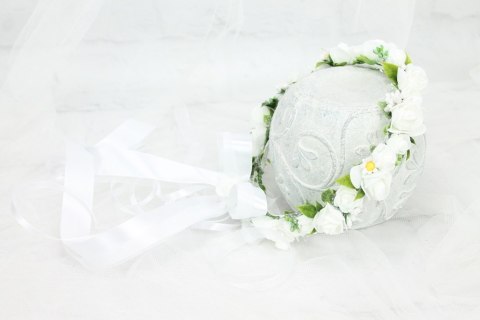 Wianek komunijny do włosów kwiatowy róże perełki biel + okapnik Wianek komunijny do włosów kwiatowy róże perełki biel + okapnik