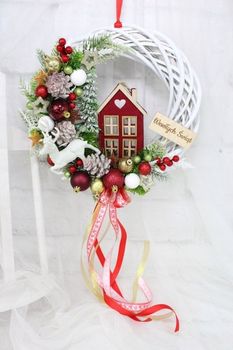 Wianek świąteczny czerwony wieniec stroik na drzwi dekoracja DOMEK