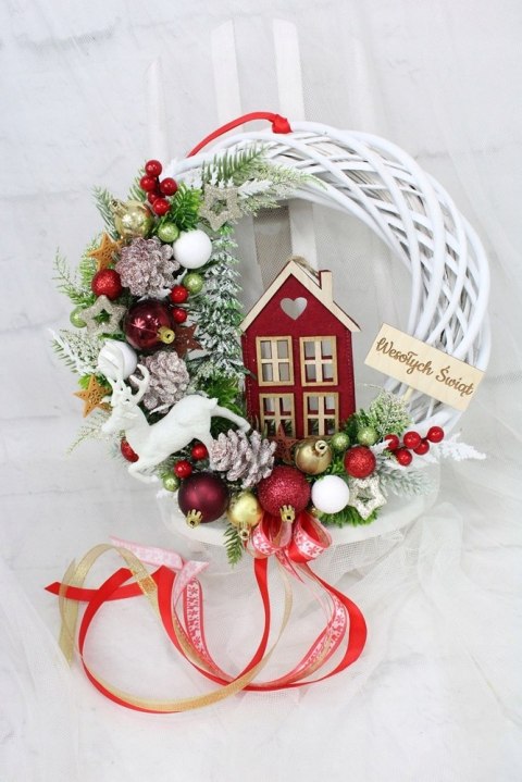 Wianek świąteczny czerwony wieniec stroik na drzwi dekoracja DOMEK