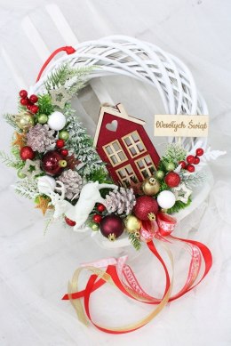 Wianek świąteczny czerwony wieniec stroik na drzwi dekoracja DOMEK