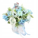 Flower Box z Misiem NIEBIESKI kompozycja kwiaty roczek chrzest baby shower