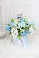 Flower Box z Misiem NIEBIESKI kompozycja kwiaty roczek chrzest baby shower