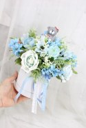 Flower Box z Misiem NIEBIESKI kompozycja kwiaty roczek chrzest baby shower