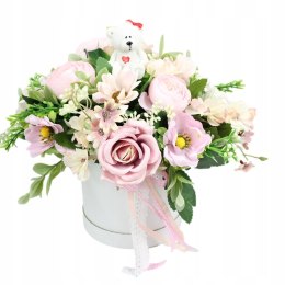 Flower Box z Misiem RÓŻOWY kompozycja kwiaty roczek chrzest baby shower