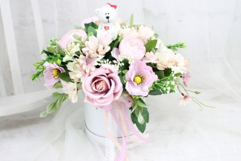 Flower Box z Misiem RÓŻOWY kompozycja kwiaty roczek chrzest baby shower Flower Box z Misiem RÓŻOWY kompozycja kwiaty roczek chrzest baby shower