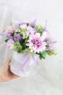 Kwiatowa dekoracja prezent flower box FIOLET kwiatowe pudełko glamour