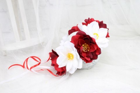 Wianek BIAŁO CZERWONY magnolia do włosów POLSKA kibic folk