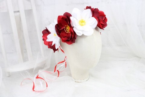 Wianek BIAŁO CZERWONY magnolia do włosów POLSKA kibic folk