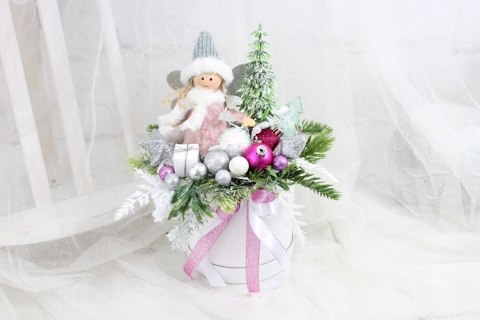 Kompozycja świąteczna aniołek box stroik do domu różowy