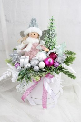 Kompozycja świąteczna aniołek box stroik do domu różowy