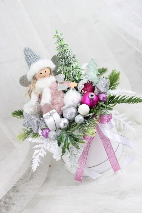 Kompozycja świąteczna aniołek box stroik do domu różowy