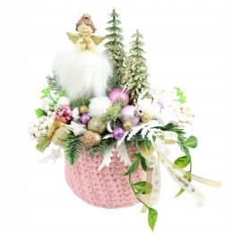 Kompozycja świąteczna aniołek box w zimowym sweterku stroik różowy