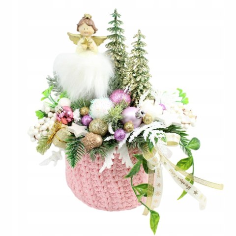 Kompozycja świąteczna aniołek box w zimowym sweterku stroik różowy