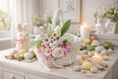 Koszyk wielkanocny na święconkę udekorowany kwiatami koszyczek