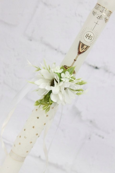 Ozdoba na świecę komunijną margaretka BIEL