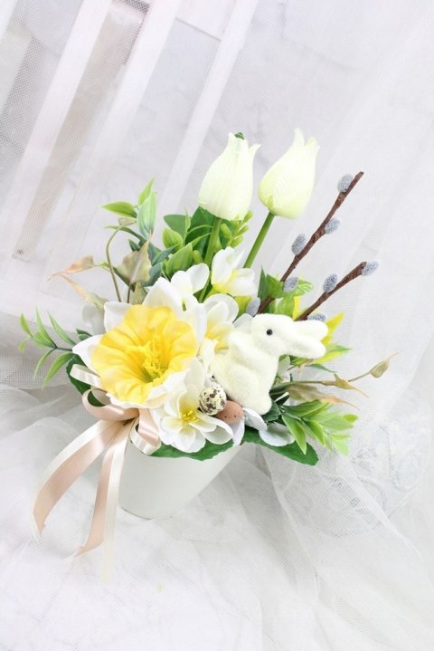 Stroik Wielkanocny na grób elegancki dekoracja nagrobna tulipany zajączek