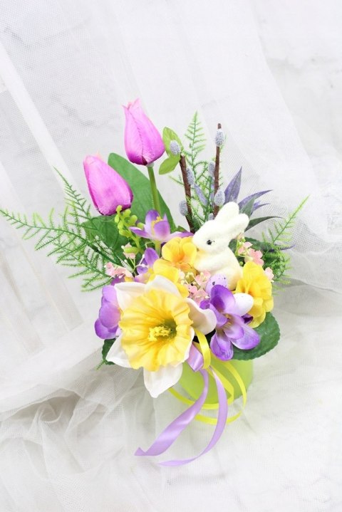 Stroik Wielkanocny na grób elegancki dekoracja nagrobna tulipany zajączek