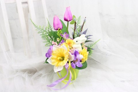 Stroik Wielkanocny na grób elegancki dekoracja nagrobna tulipany zajączek