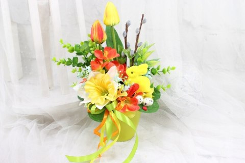 Stroik Wielkanocny na grób elegancki dekoracja nagrobna tulipany zajączek