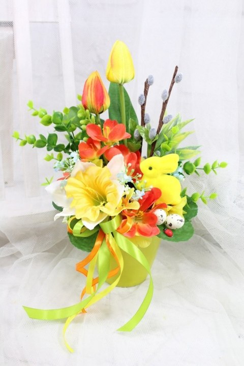 Stroik Wielkanocny na grób elegancki dekoracja nagrobna tulipany zajączek