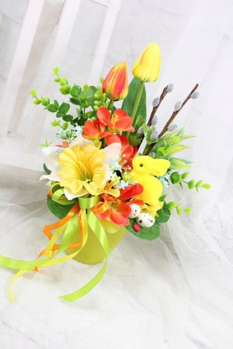 Stroik Wielkanocny na grób elegancki dekoracja nagrobna tulipany zajączek