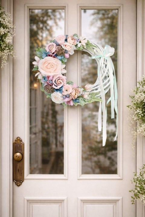 Wianek kwiatowy dekoracja domu drzwi stroik Pudrowy