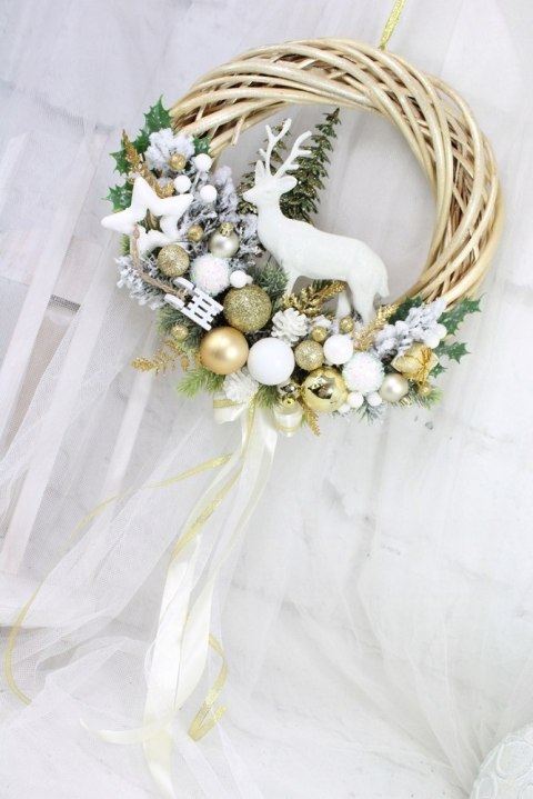 Wianek świąteczny wieniec na drzwi stroik złoty renifer
