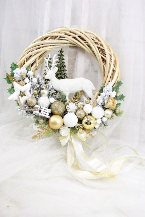 Wianek świąteczny wieniec na drzwi stroik złoty renifer