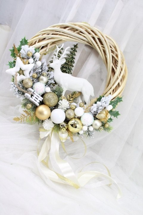 Wianek świąteczny wieniec na drzwi stroik złoty renifer
