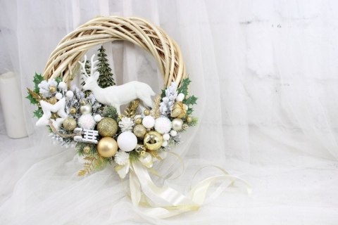 Wianek świąteczny wieniec na drzwi stroik złoty renifer