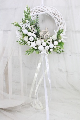 Wianek świąteczny wieniec stroik na drzwi DOMEK biel