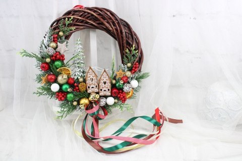 Wianek świąteczny wieniec stroik na drzwi dekoracja DOMEK