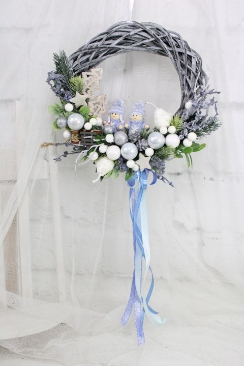 Wianek świąteczny wieniec stroik na drzwi ozdoba domu niebieski