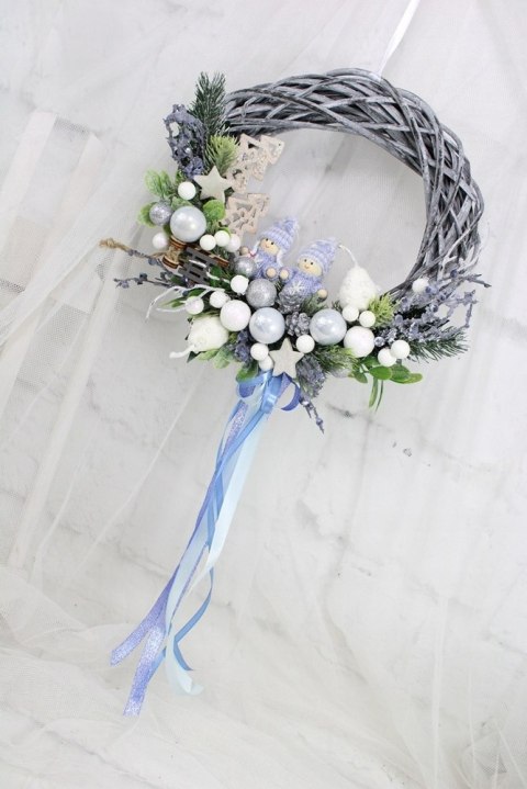 Wianek świąteczny wieniec stroik na drzwi ozdoba domu niebieski