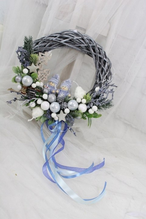 Wianek świąteczny wieniec stroik na drzwi ozdoba domu niebieski