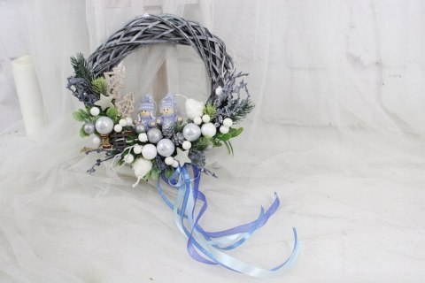 Wianek świąteczny wieniec stroik na drzwi ozdoba domu niebieski