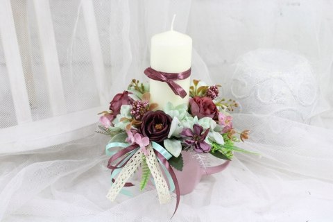 Stroik kwiatowy filiżanka świeca ozdoba stołu stylowa dekoracja