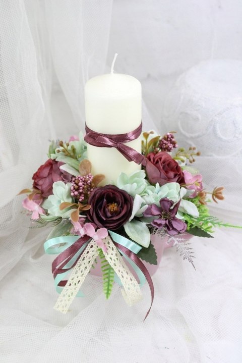 Stroik kwiatowy filiżanka świeca ozdoba stołu stylowa dekoracja