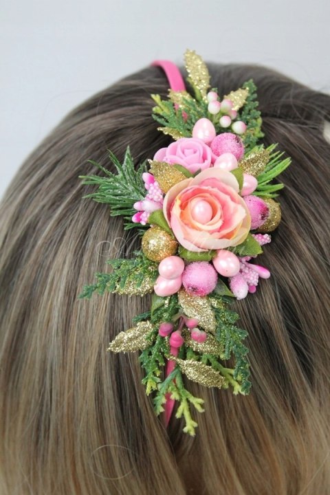 Opaska świąteczna do włosów RÓŻOWA sesja zdjęciowa